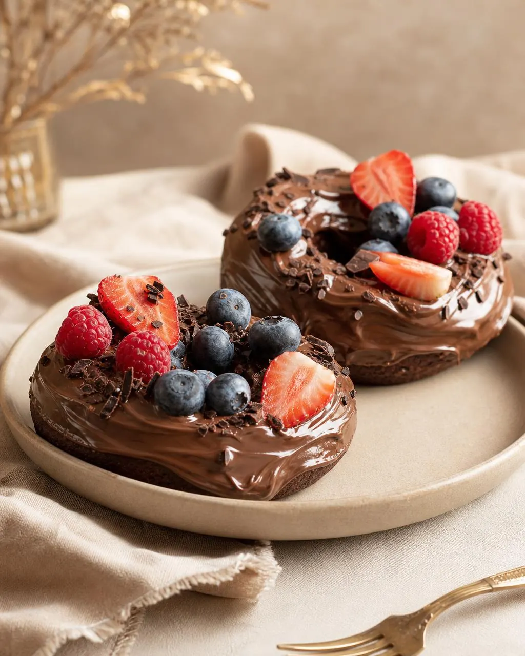 Nutella choco donuts with strawberries, blueberries and raspberries