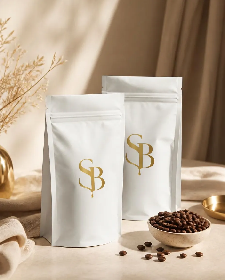 Sway Brew white coffee bags with the gold SB monogram